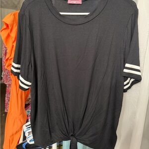 Ragdoll Black Short Sleeve Tie-Front Tee with White Sleeve Stripes